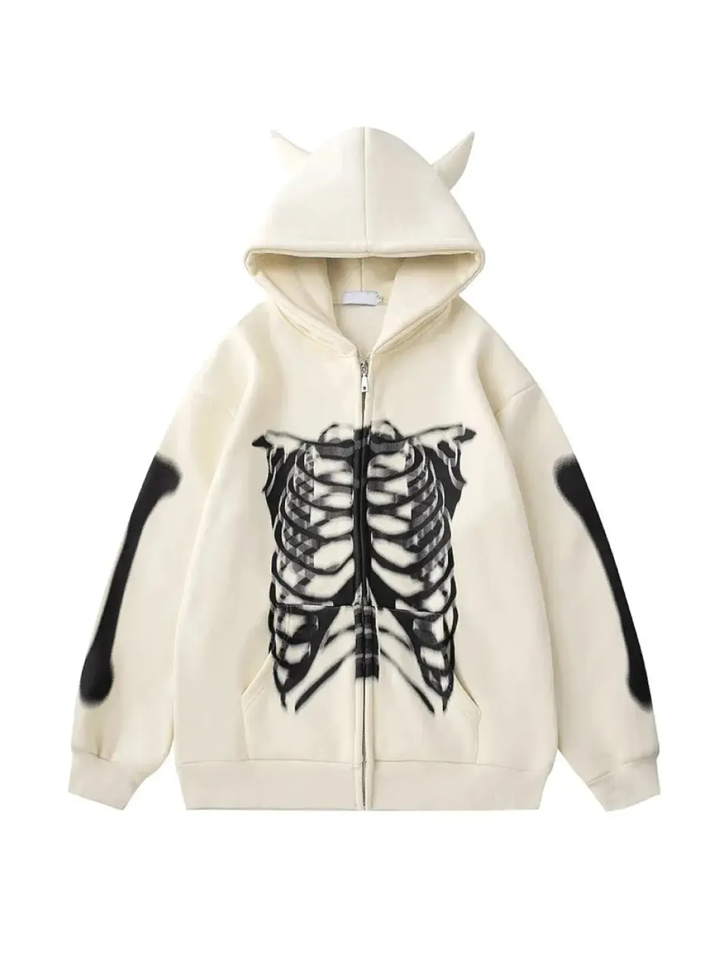 Gothic Devil Horn Skull Zip Up Hoodie