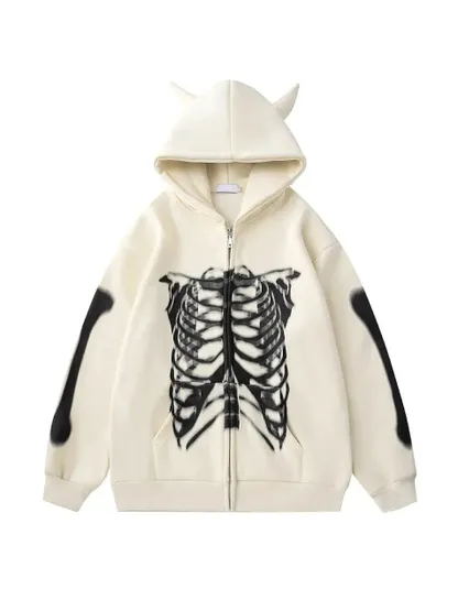 Gothic Devil Horn Skull Zip Up Hoodie