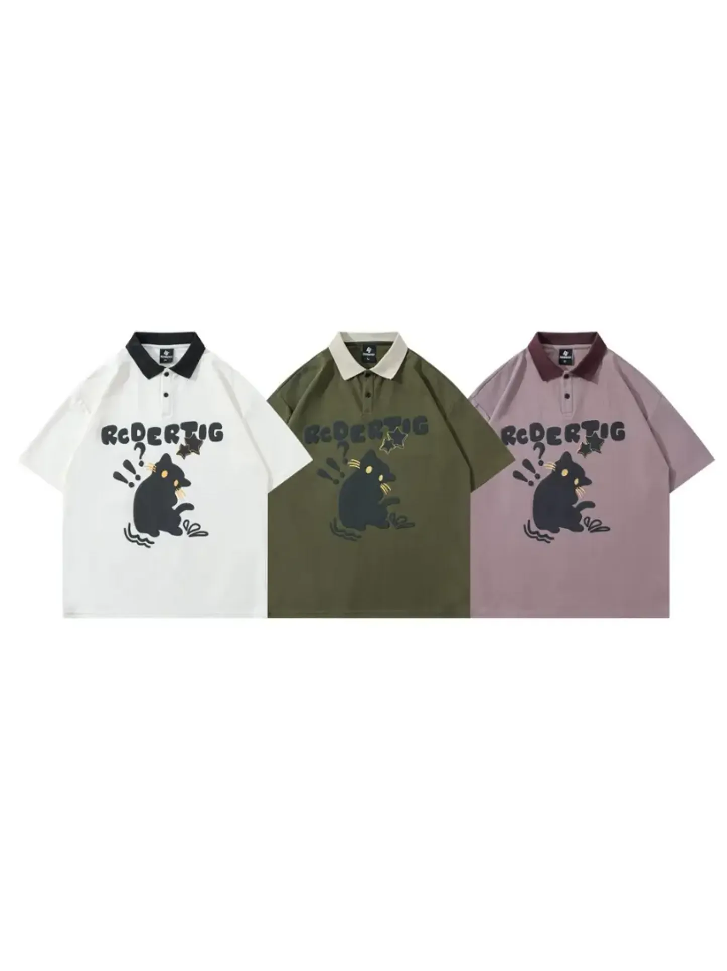 Y2K Cat Graphic Polo Collar Tees