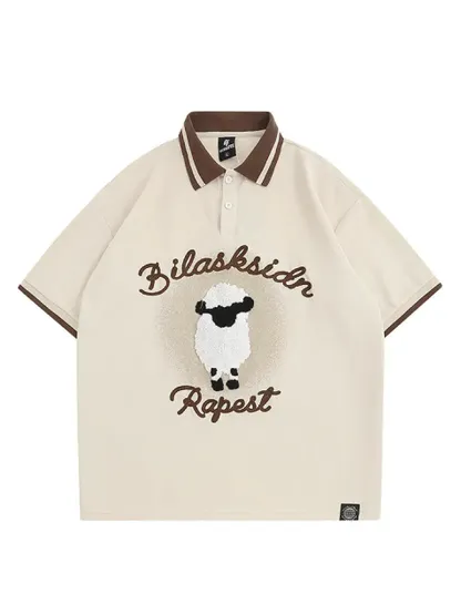 Sheep Letter Slogan Button Polo Shirt