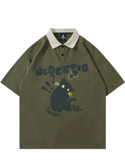 Y2K Cat Graphic Polo Collar Tees