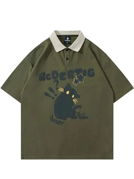 Y2K Cat Graphic Polo Collar Tees