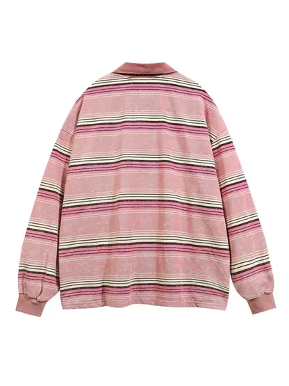 Embroidered Striped Polo Collar Hoodie