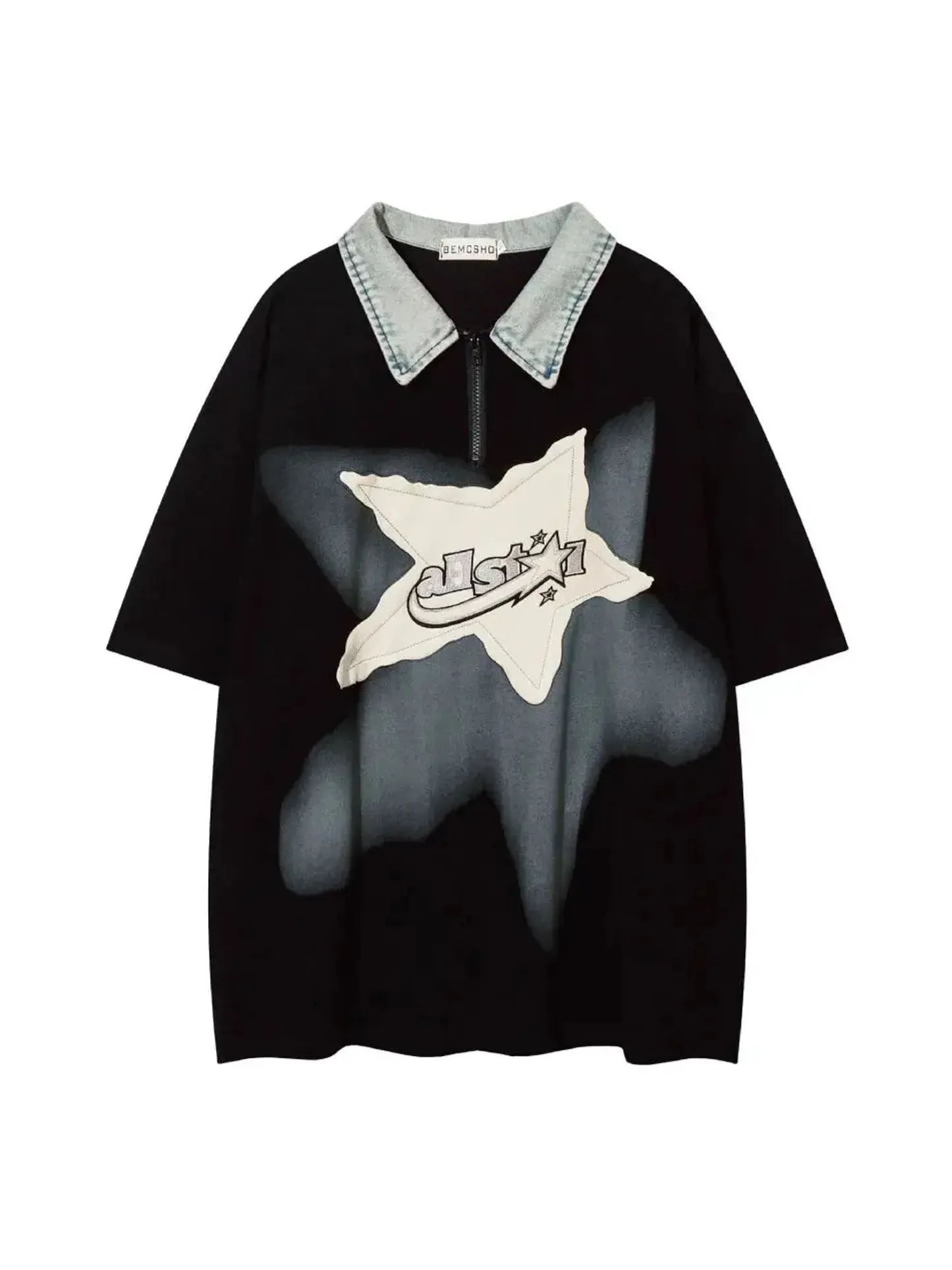 Star Washed Vintage Letter Graphic Zip Polo Shirt