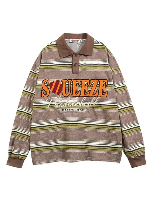 Embroidered Striped Polo Collar Hoodie