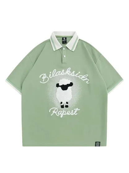 Sheep Letter Slogan Button Polo Shirt