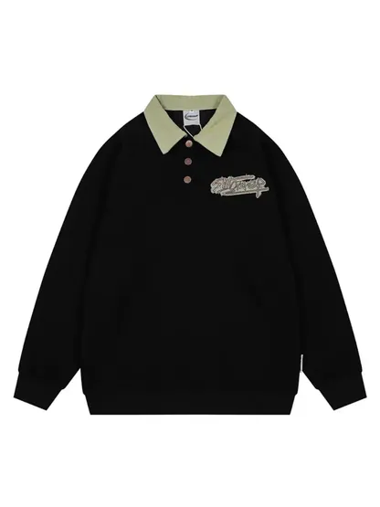 Vintage Applique Embroidered Polo Collar Sweatshirt