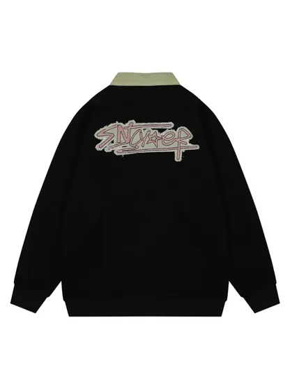 Vintage Applique Embroidered Polo Collar Sweatshirt