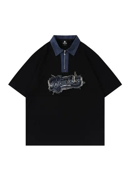 Letter Graphic Zip Polo Shirt