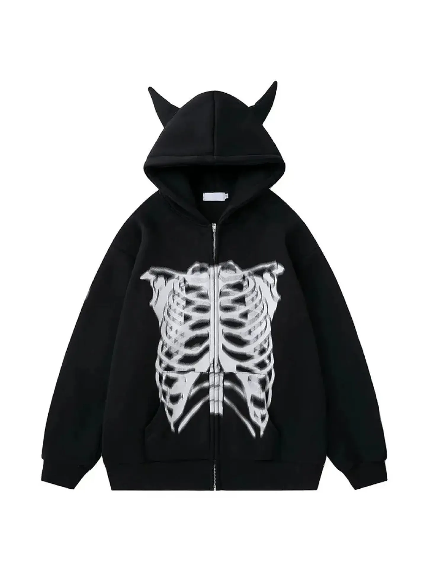 Gothic Devil Horn Skull Zip Up Hoodie