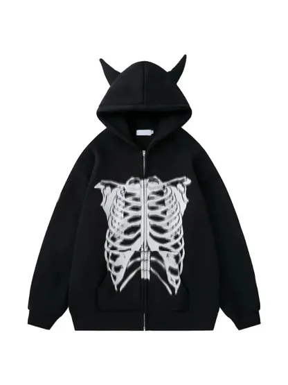 Gothic Devil Horn Skull Zip Up Hoodie