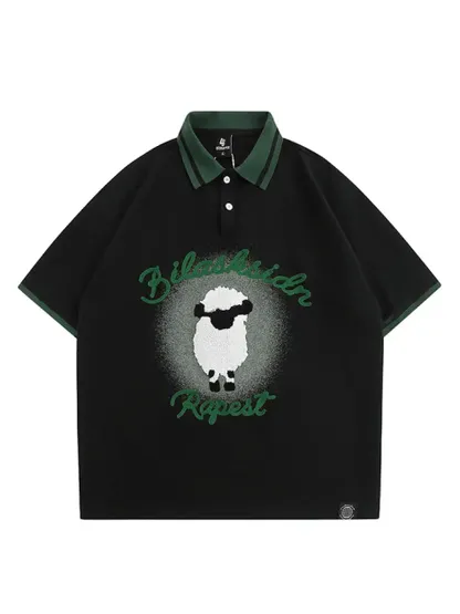 Sheep Letter Slogan Button Polo Shirt